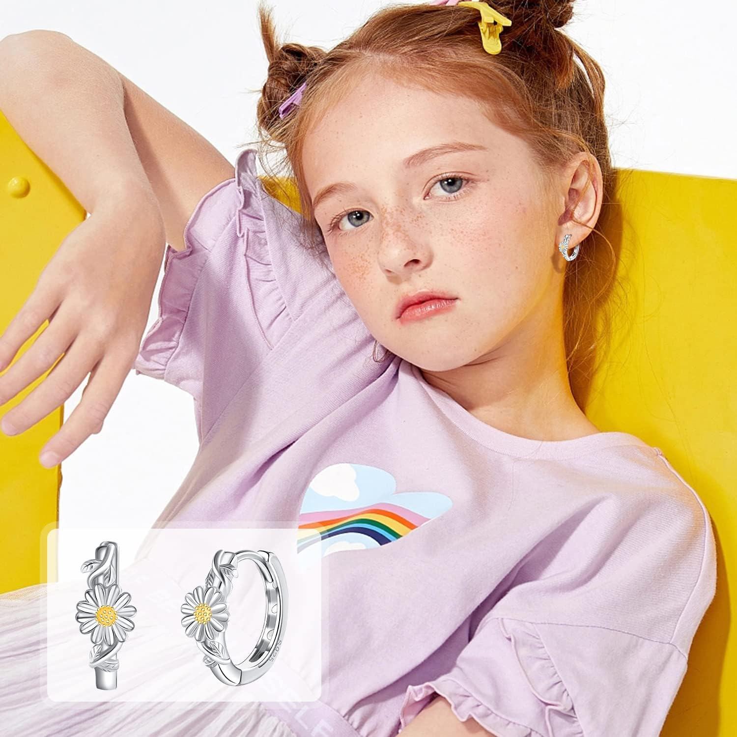 925 Sterling Silver Daisy Flower Huggie Hoop Earrings for Women Girls - Hypoallergenic Gift Set-0-2