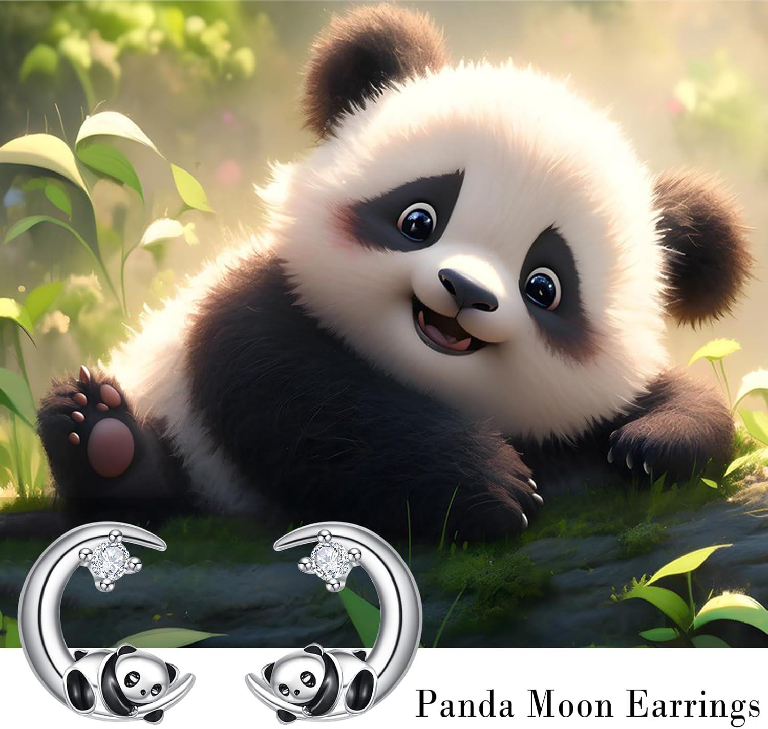 925 Sterling Silver Panda on the Moon Stud Earrings for Women - Hypoallergenic Jewelry-0-2