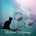 wholesale 925 Sterling Silver Tree of Life Cat Earrings w/ Blue & Green Crystals and Black Cats Leverback  for Her-0-1