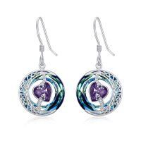 wholesale 925 Sterling Silver Purple Heart & Blue Swarovski Crystals Round Drop Earrings for Women-02-February-Amethyst
