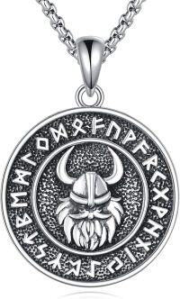 wholesale 925 Sterling Silver Nordic Viking Warrior Head with Runes and Spiral Dove Pendant Necklace-A-Viking-1