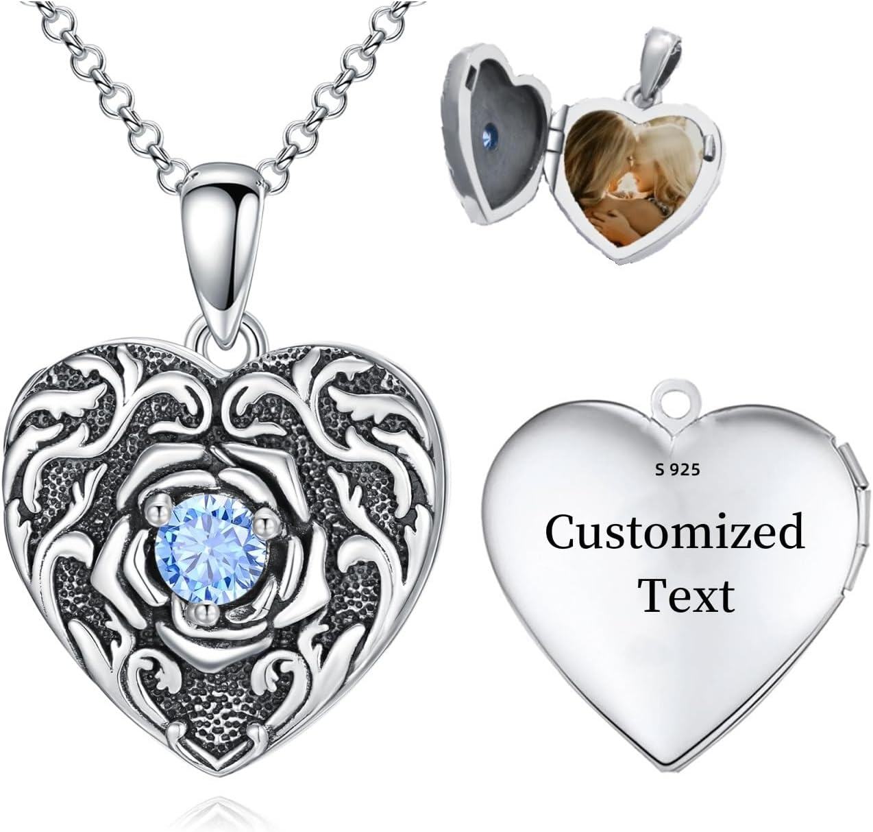 Sterling Silver Rose Flower Compass Photo Locket Necklace for Women-0-1