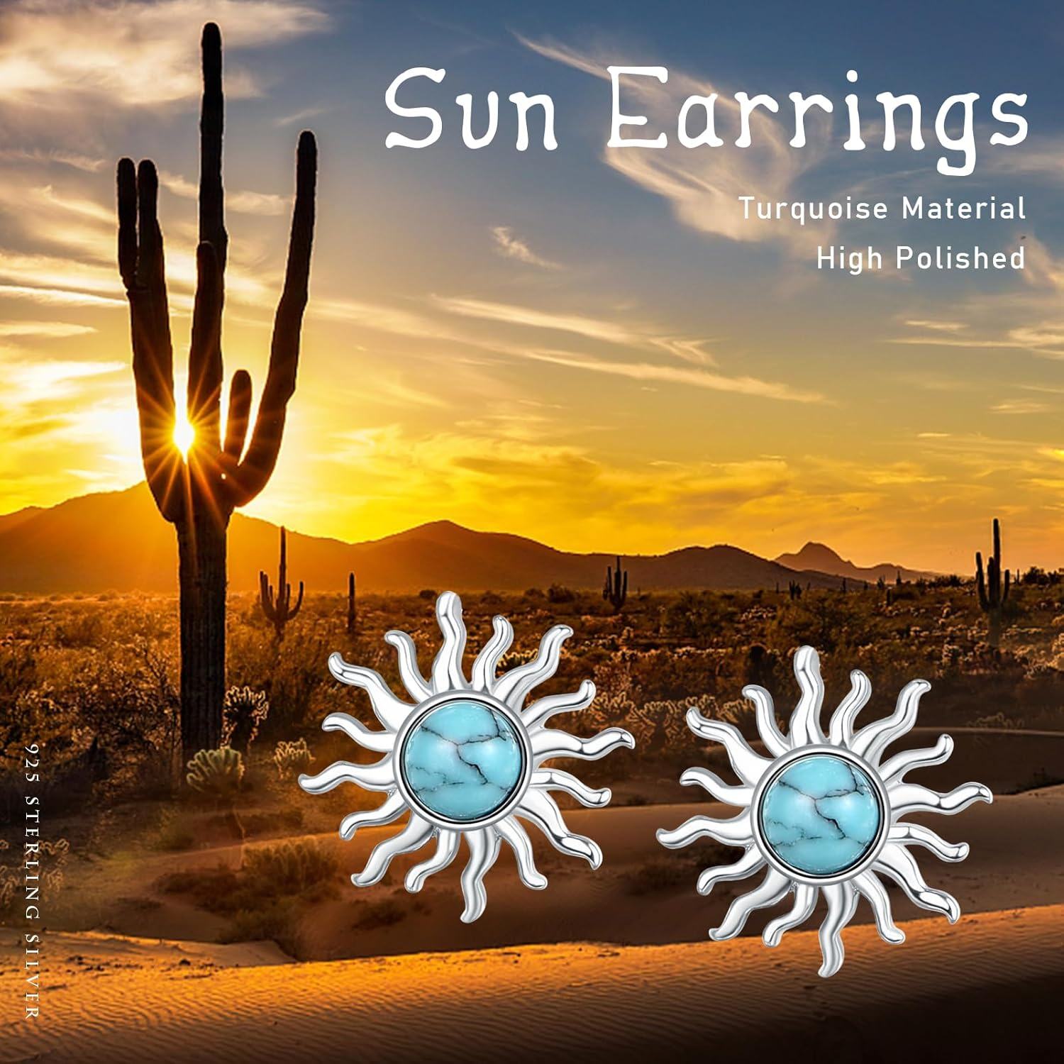 Sterling Silver Turquoise Sun Stud Dangle Earrings for Women-0-3
