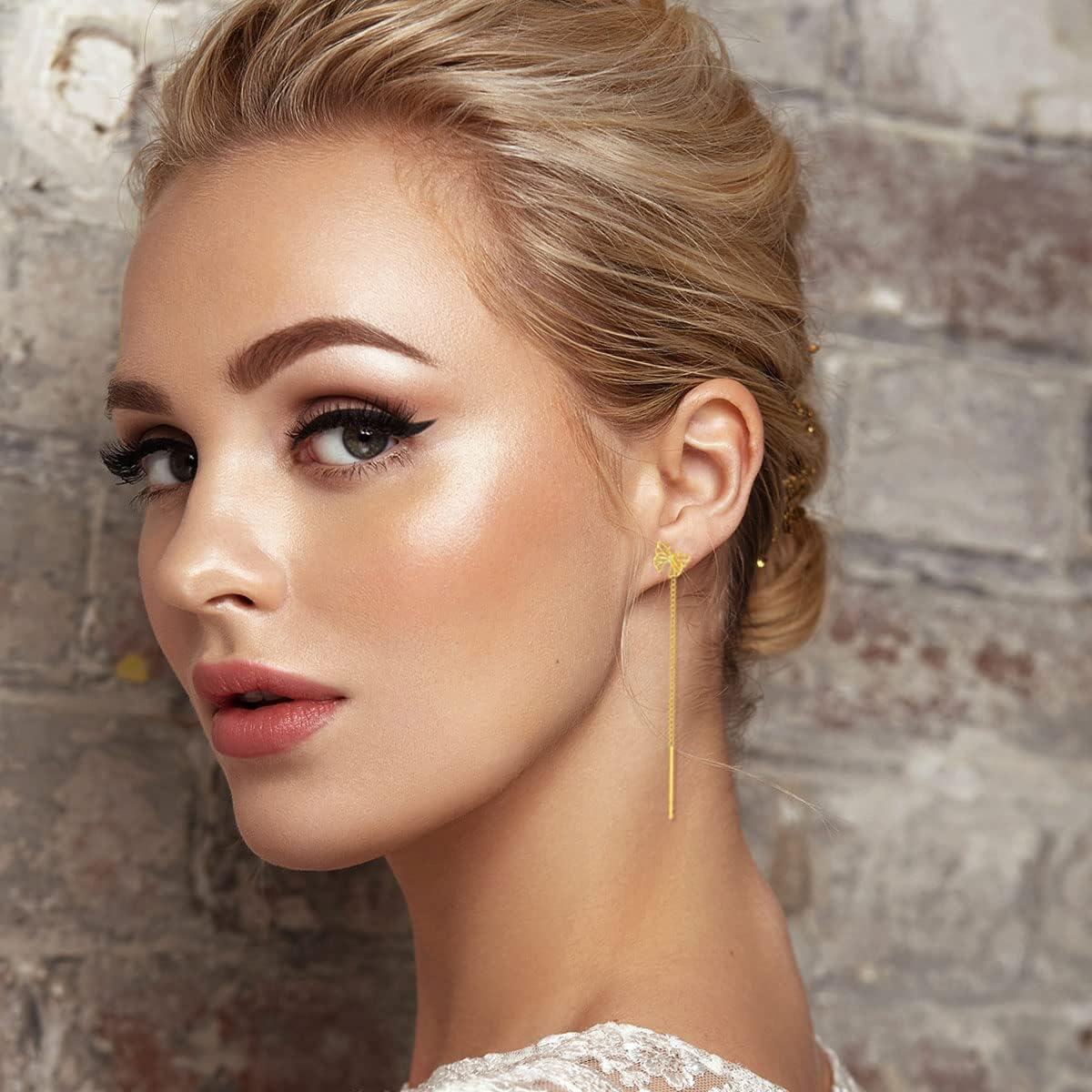 14K Gold Threader Earrings for Women Minimalist Butterfly Chain Pull Through Earrings-0-2