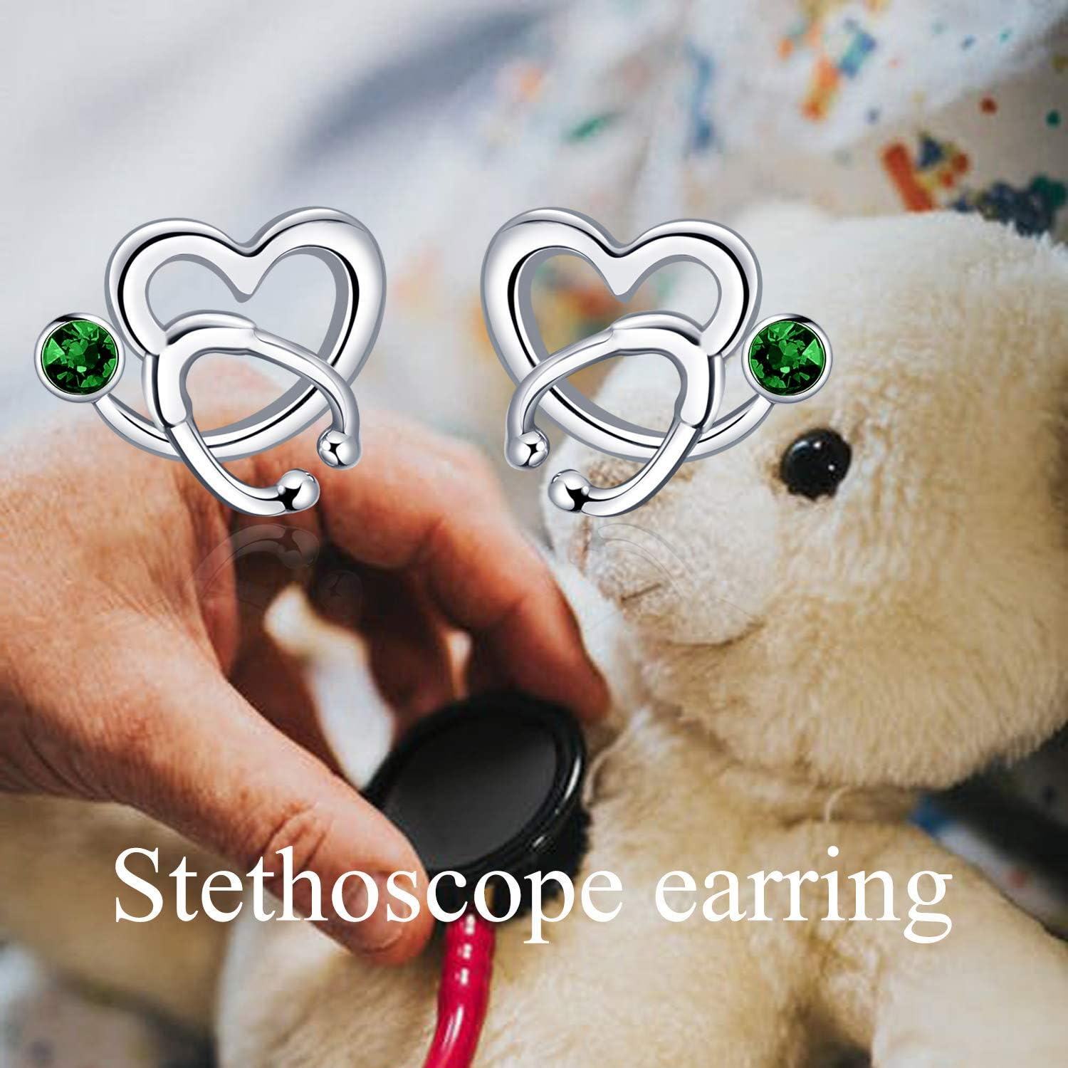 925 Sterling Silver Austrian Crystal Heart-Shaped Stethoscope Stud Earrings - Graduation Gift for Nurses and Doctors-0-3