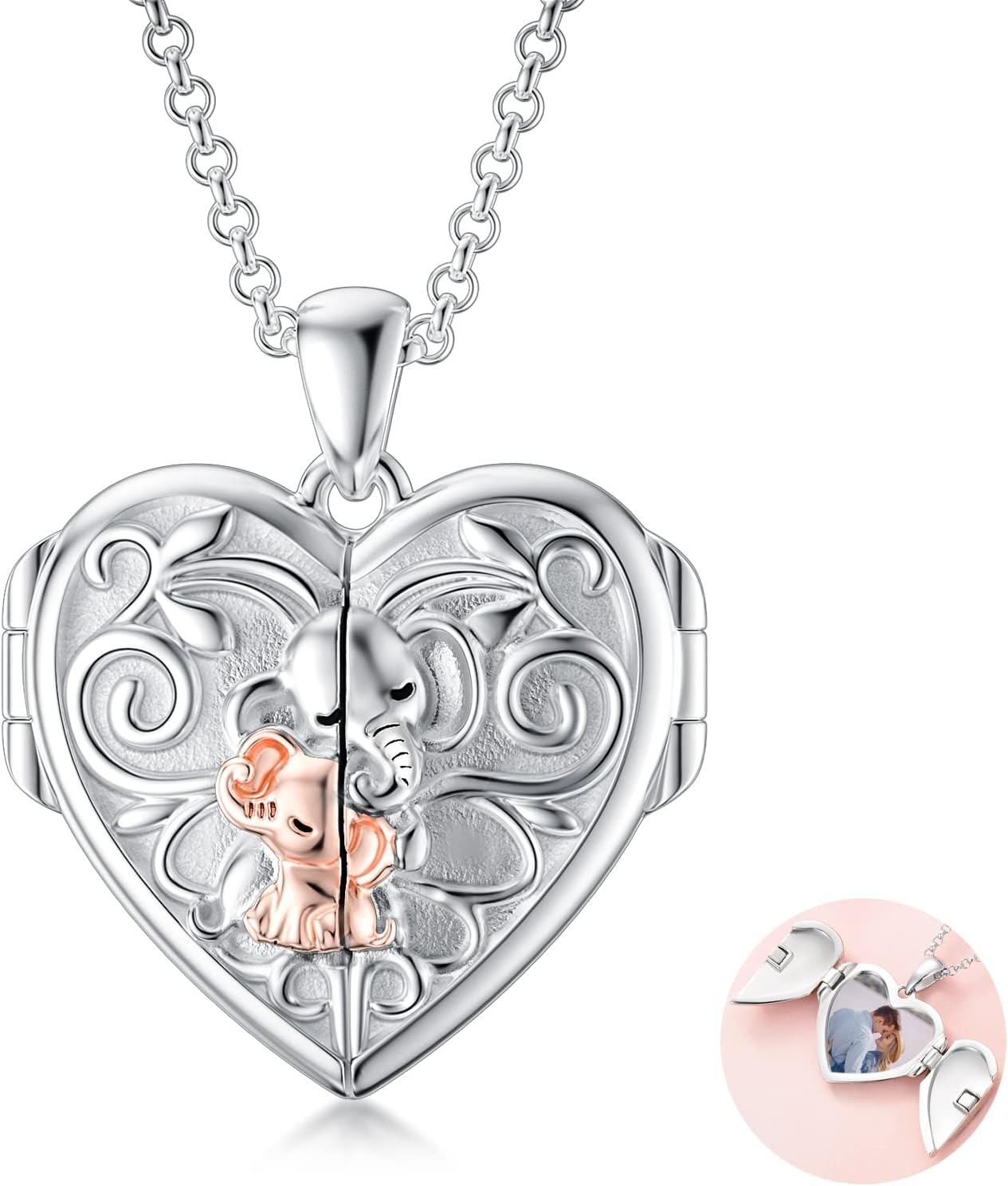 Sterling Silver Abalone Shell Daughter Locket Necklace Gift from Mom Dad-08-Elephant Mother Daughter Locket+ Photo