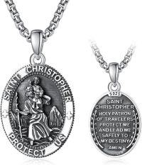 wholesale Sterling Silver Patron Saint Medal Amulet Necklace for Men 2 5mm 22 +2 Chain-A00-Saint Christopher (Oval)