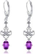 wholesale 925 Sterling Silver Purple Amethyst Dangle Leverback Earrings with Floral Design-0-0