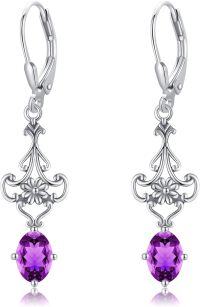 wholesale 925 Sterling Silver Purple Amethyst Dangle Leverback Earrings with Floral Design-Vintage Amethyst