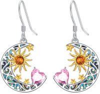 wholesale 925 Sterling Silver Heart Birthstone Sun Moon Dangle Drop Earrings for Women Mom-Pink Oct.