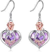 wholesale  Sterling Silver Crystal Mom Earrings Rose Flower Love Heart Dangle Drop Hook -06 Jun-Mom Earrings with Heart Crystal