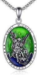 wholesale 925 Sterling Silver Saint Michael Guardian Angel Green Stone Protection Amulet Pendant Necklace  s for Men & Women-0-0