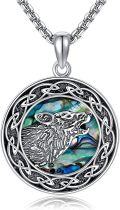 wholesale 925 Sterling Silver Wolf Head Abalone Shell Celtic Knot Round Pendant Necklace for Women Animal Lovers Gift-0-0