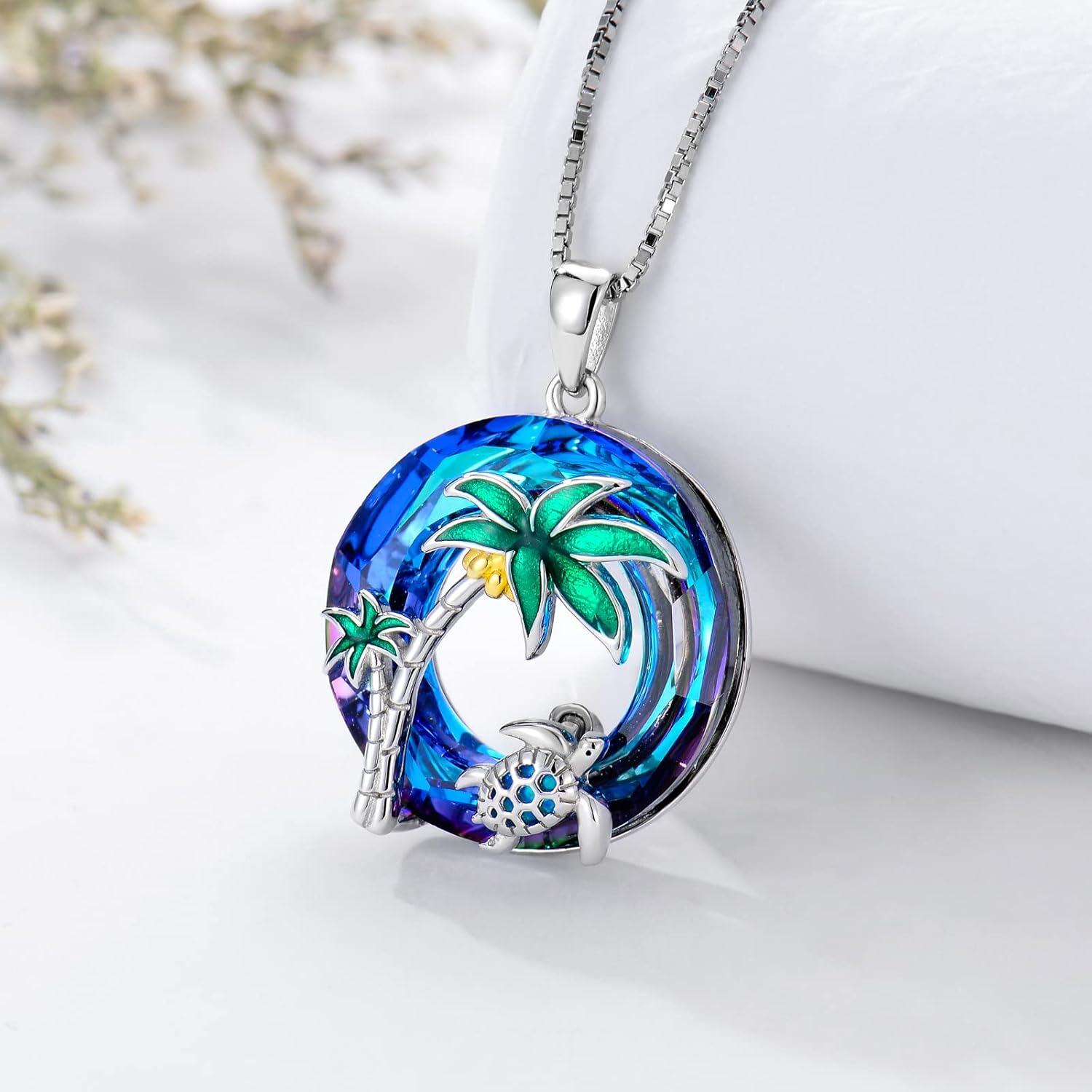 925 Sterling Silver Blue Crystal Sea Turtle & Palm Tree Necklace Pendant Jewelry-0-2