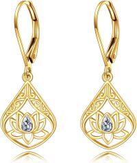 wholesale 14K Gold eardrop Lotus Flower Drop Earrings with CZ Stones-Lotus Leverback
