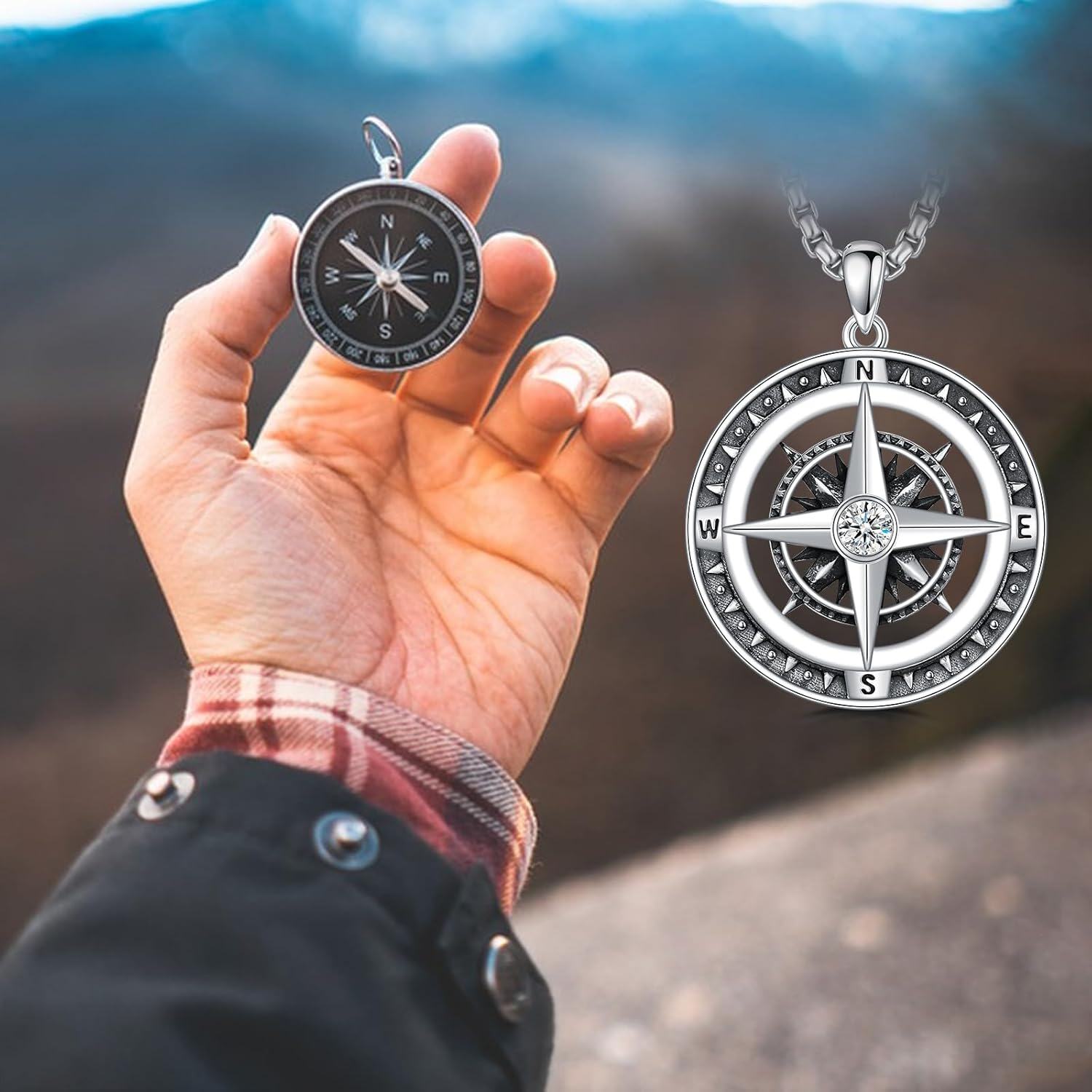 Sterling Silver Compass Necklace with Celtic Knot Skull World Map Pendant-0-4