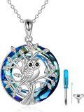 wholesale 925 Sterling Silver Blue Crystal Tree of Life Owl Urn Pendant Necklace with Funnel and Fill Tool-0-0