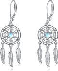 wholesale 925 Sterling Silver Dreamcatcher Feather Drop Earrings with Moonstone and Crystals Gifts for Her-0-0