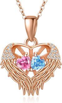 wholesale Sterling Silver 2 Birthstones Angel Wings Necklace for Women-10-12-Oct-Dec