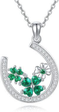 wholesale 925 Sterling Silver Green Crystal Clover Pendant Necklace for Women Girls Mothers Day Gift-Horseshoe with Clover