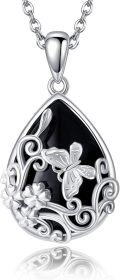 wholesale 925 Sterling Silver Butterfly & Flower Design Teardrop Black Onyx Pendant Necklace Gift for Women-0-0
