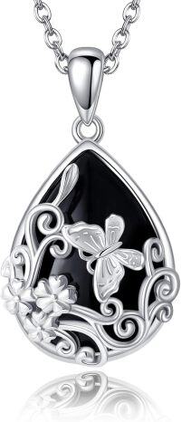 wholesale 925 Sterling Silver Butterfly & Flower Design Teardrop Black Onyx Pendant Necklace Gift for Women-Butterfly