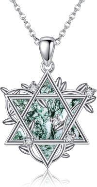 wholesale 925 Sterling Silver Green Moss Agate Abalone Shell Star of David Pendant Necklace Judaica Gifts for Her-Moss Agate