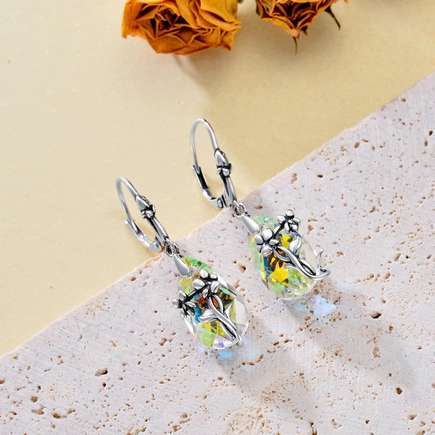 wholesale 925 Sterling Silver Teardrop Crystal Aurora Borealis Drop Dangle Earrings with Flowers and Leaves Design for Women's Gift-0-2
