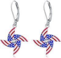 wholesale 925 Sterling Silver American Flag Pinwheel Drop Dangle Leverback Earrings 4th July USA  for Women Girls-American flag-windmill