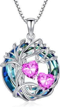 wholesale 18K White Gold Filled Sterling Silver Family Tree Pendant with 2 Heart Birthstones Blue Austrian Crystal Necklace for Women-10-10-Oct-Oct Birthstone