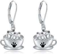 wholesale 925 Sterling Silver Frog in Teacup Dangle Drop Earrings Gift for Her-Frog