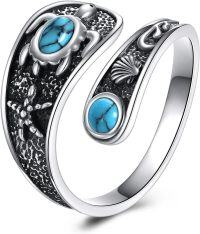 wholesale Sterling Silver Moss Agate Turquoise Vintage Celtic Gothic Skull Butterfly Dragonfly Spoon Open Ring-Sea Turtle Spoon Ring