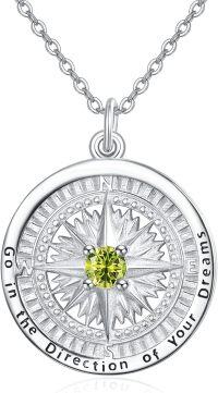 wholesale 925 Sterling Silver Compass Birthstone Necklace - 24mm, 18+2 Chain, Gift for Women, Hypoallergenic, Tarnish Resistant-H01-August