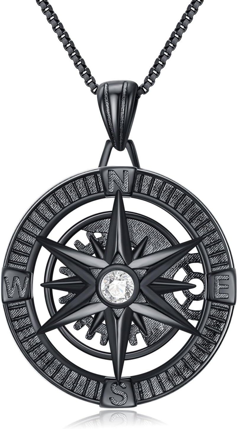 Sterling Silver Stone Compass Necklace for Men Women Travel Talisman Pendant Unique Inspirational Gift for Birthday Christmas Graduation-0-1