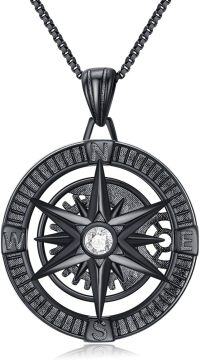 wholesale Black  Compass Necklace with Cubic Zirconia Centerstone - Travel Talisman Pendant for Men & Women-01-Compass