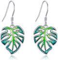wholesale 925 Sterling Silver Green & Teal Enamel Monstera Leaf Drop Dangle Hook Earrings for Women-0-0