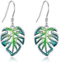 wholesale 925 Sterling Silver Green & Teal Enamel Monstera Leaf Drop Dangle Hook Earrings for Women-Monstera Leaf