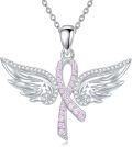 wholesale 925 Sterling Silver Angel Wings & Pink Ribbon Breast Cancer Awareness Pendant Necklace-0-0