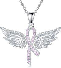wholesale 925 Sterling Silver Angel Wings & Pink Ribbon Breast Cancer Awareness Pendant Necklace-Angel wings