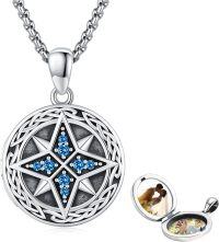wholesale 925 Sterling Silver Round Compass Photo Locket Pendant Necklace  with Blue Crystal Accents and Chain - Memorial Jewelry for Women-Celtic Compass Locket