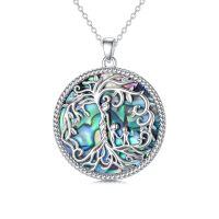 wholesale 925 Sterling Silver Family Tree Pendant Necklace Wholesale With Blue Enamel Detailing-Abalone Shell-2 Children
