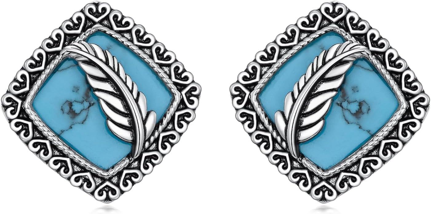 Sterling Silver Turquoise Stud Earrings Western Jewelry Gift-Feather