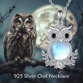 wholesale 925 Sterling Silver Moonstone Owl Pendant Necklace with Cubic Zirconia Accents and Leaf Design-0-4