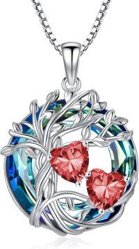 wholesale 18K White Gold Filled Sterling Silver Family Tree Pendant with 2 Heart Birthstones Blue Austrian Crystal Necklace for Women-07-07-Jul-Jul Birthstone