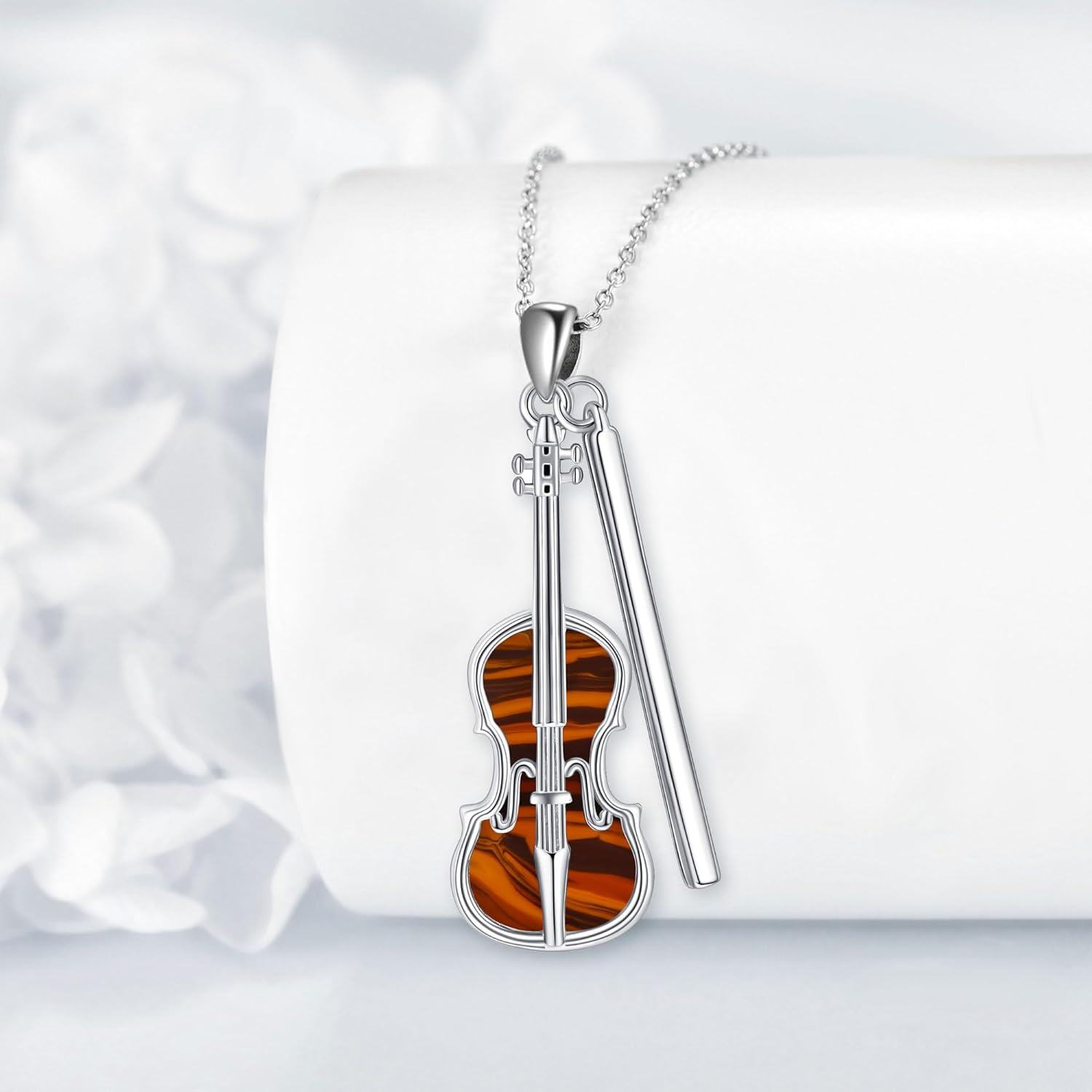 925 Sterling Silver Violin & Bow Musical Notes Pendant Necklace with Amber Stone for Women-0-4