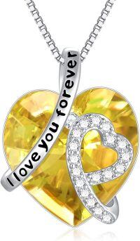 wholesale Sterling Silver Crystal Heart Necklace for Women Birthstone Gift for Wife Daughter Anniversary Birthday Christmas-11-Yellow Heart