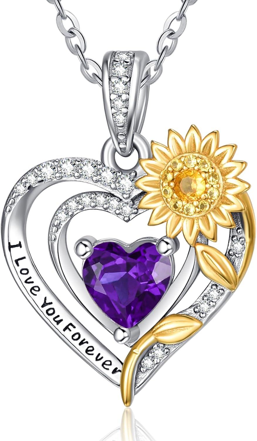 Sterling Silver Sunflower Birthstone Pendant Necklace for Women-02-Feb
