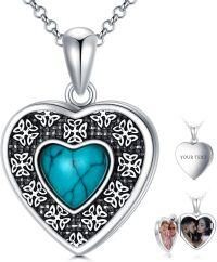 wholesale 925 Sterling Silver Natural Turquoise Heart Shape Pendant Necklace for Women-M-Turquoise Locket only-M-Turquoise Locket+Photo+Text