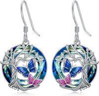 wholesale Sterling Silver Blue Crystal Tree of Life Animal Earrings (Cardinal Owl Fox Snake Sloth Giraffe) Dangle Jewelry Gift for Women-Butterfly