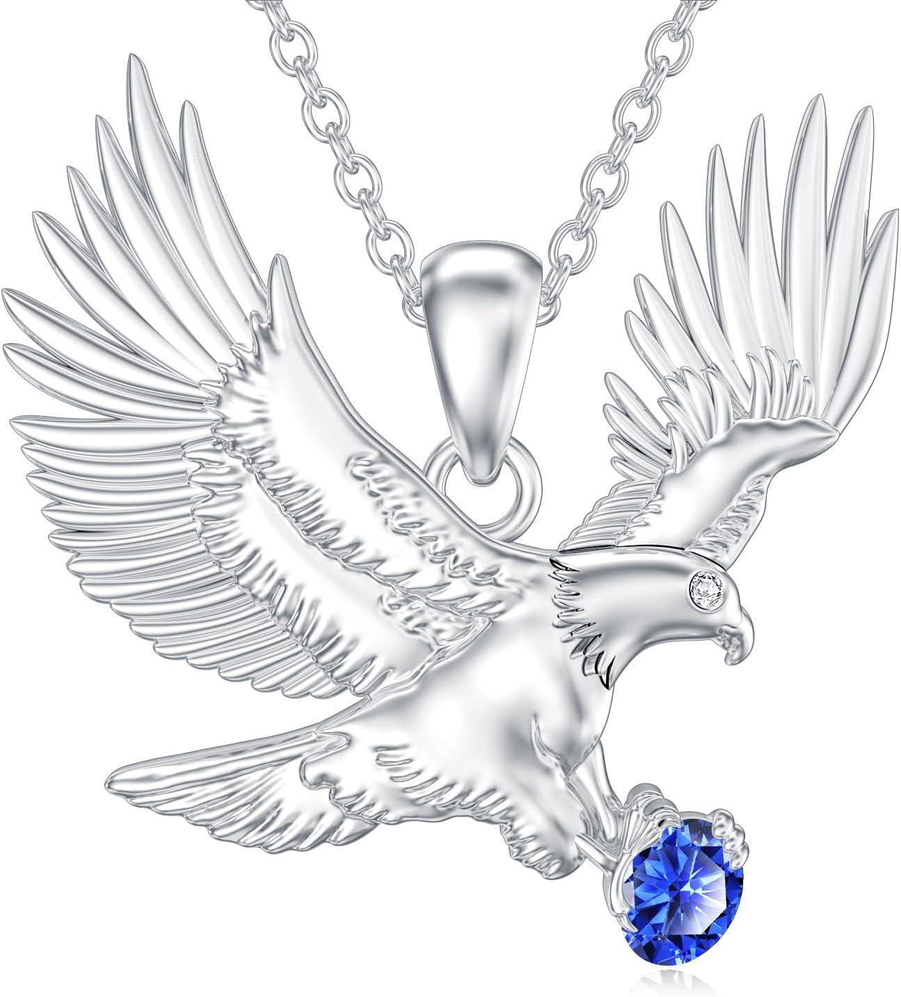  Sterling Silver Lab Grown Diamond Eagle Necklace Pendant for Women -Sapphire Blue
